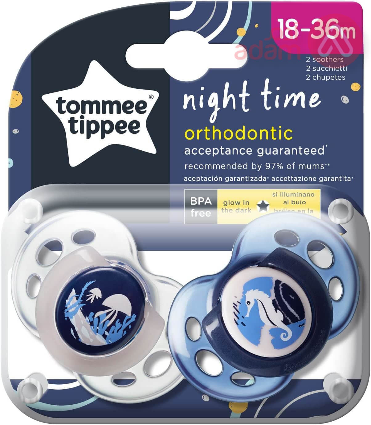 TOMMEE PACIFIER NIGHT TIME 18-36M 2PCS